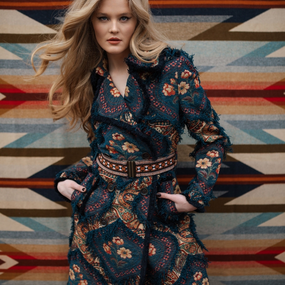 Lena Hoscheck Nashville Fringe Floral Double Breasted Coat with Belt M